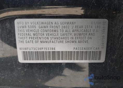 2006 Volkswagen Passat 3.6 z USA, uszkodzony, nr VIN WVWFU73C36P153386